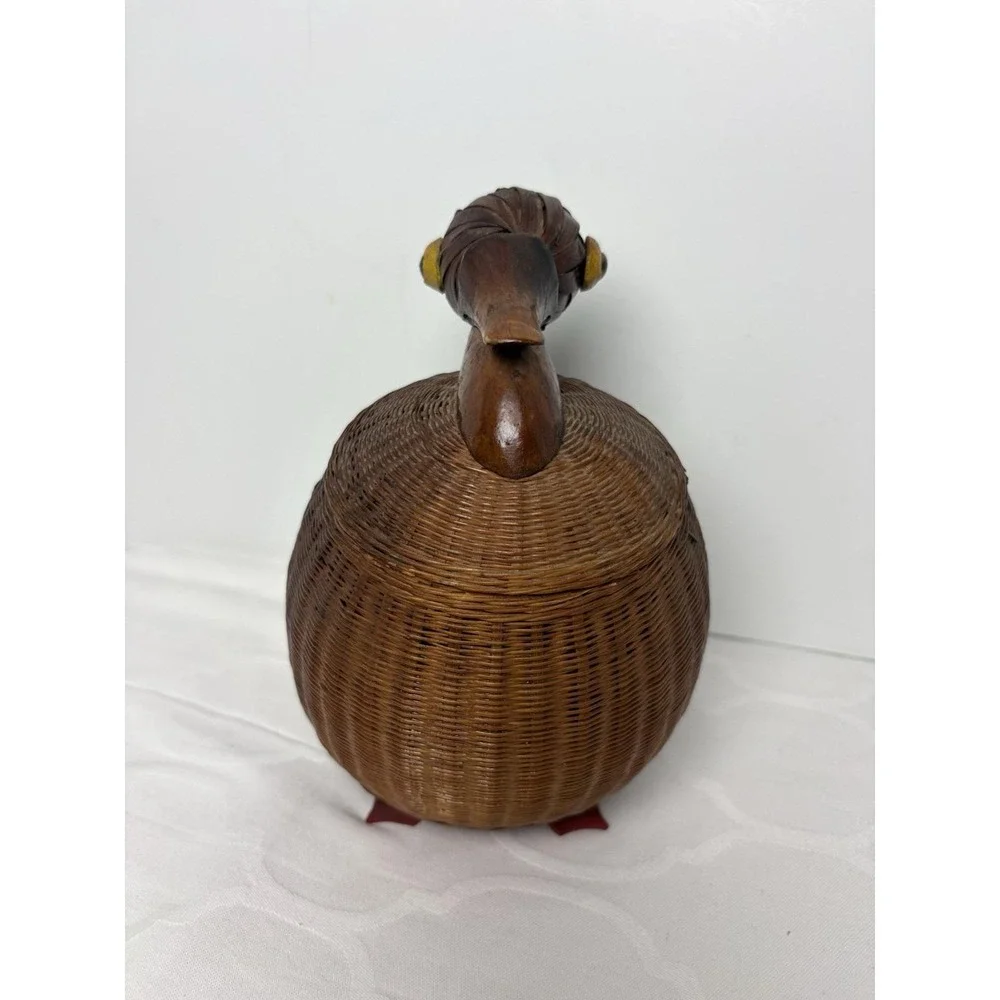 Vintage Wicker Bamboo Duck Basket with Lid Storage Trinket Hand Crafted Rare 40s